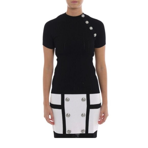 Balmain Paris Womens Short Sleeve Open Work Viscose Yarn T Shirt Black Sz 38 - Picture 1 of 15